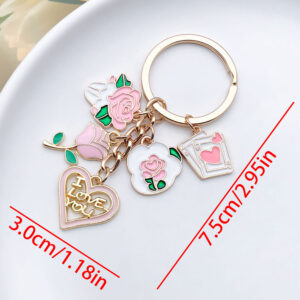 ER878-Dropping Oil Powder White Valentine's Day Love Rose Card Keychain -12.4g