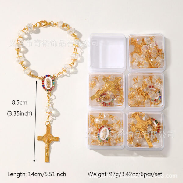 Wholesale 8mm Crystal with Flower Tray Alloy Mary Religious Cross Simple Beaded Bracelet