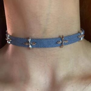 C1069-blue denim cross flower choker-necklace
