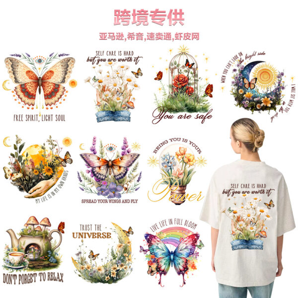 Wholesale Heat Transfer Factory Cross-Border Supply Butterfly Heat Transfer Decals Flower T-Shirt Pattern Heat Transfer Clothing Stickers Spot