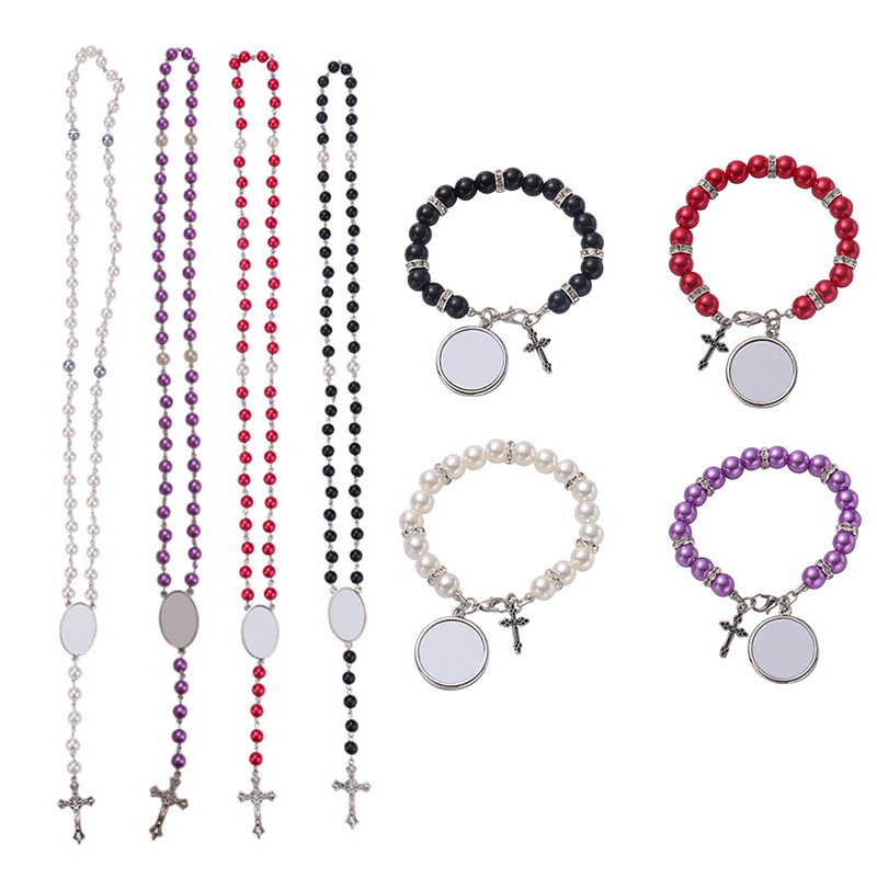 Wholesale Easter Blank Sublimation Rosary Pendant Necklace Cross Bracelet