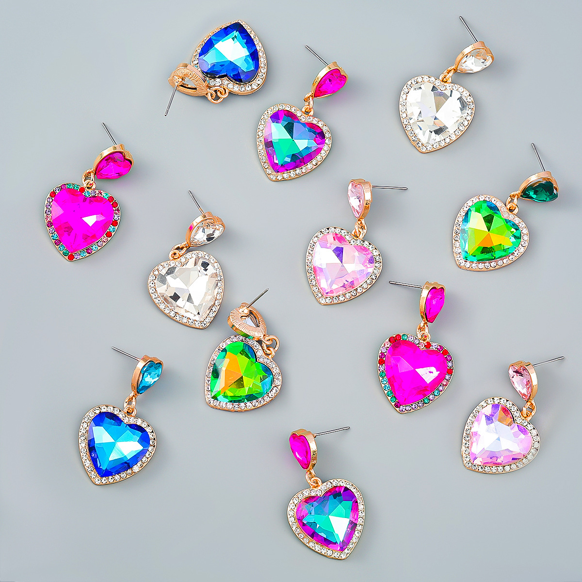 Wholesale Colored diamond studded heart-shaped earrings