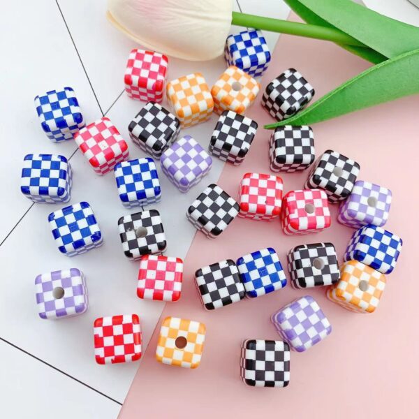 Wholesale 10pcs colorful checkerboard printed square acrylic beads