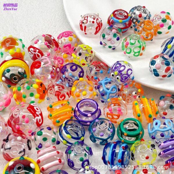 Wholesale Transparent hollow glass heart-shaped polka dot hand-painted flower beads