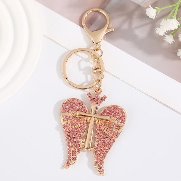 Wholesale Full Diamond Double Wing Cross Metal Keychain