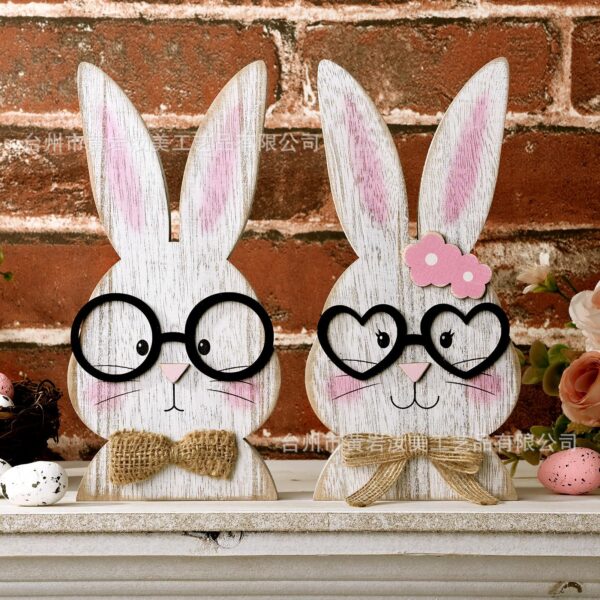 Wholesale Easter Bunny Wooden Glasses Couple Bunny Ornaments