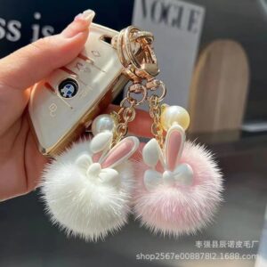 Wholesale Pink and white cute furball rabbit keychain