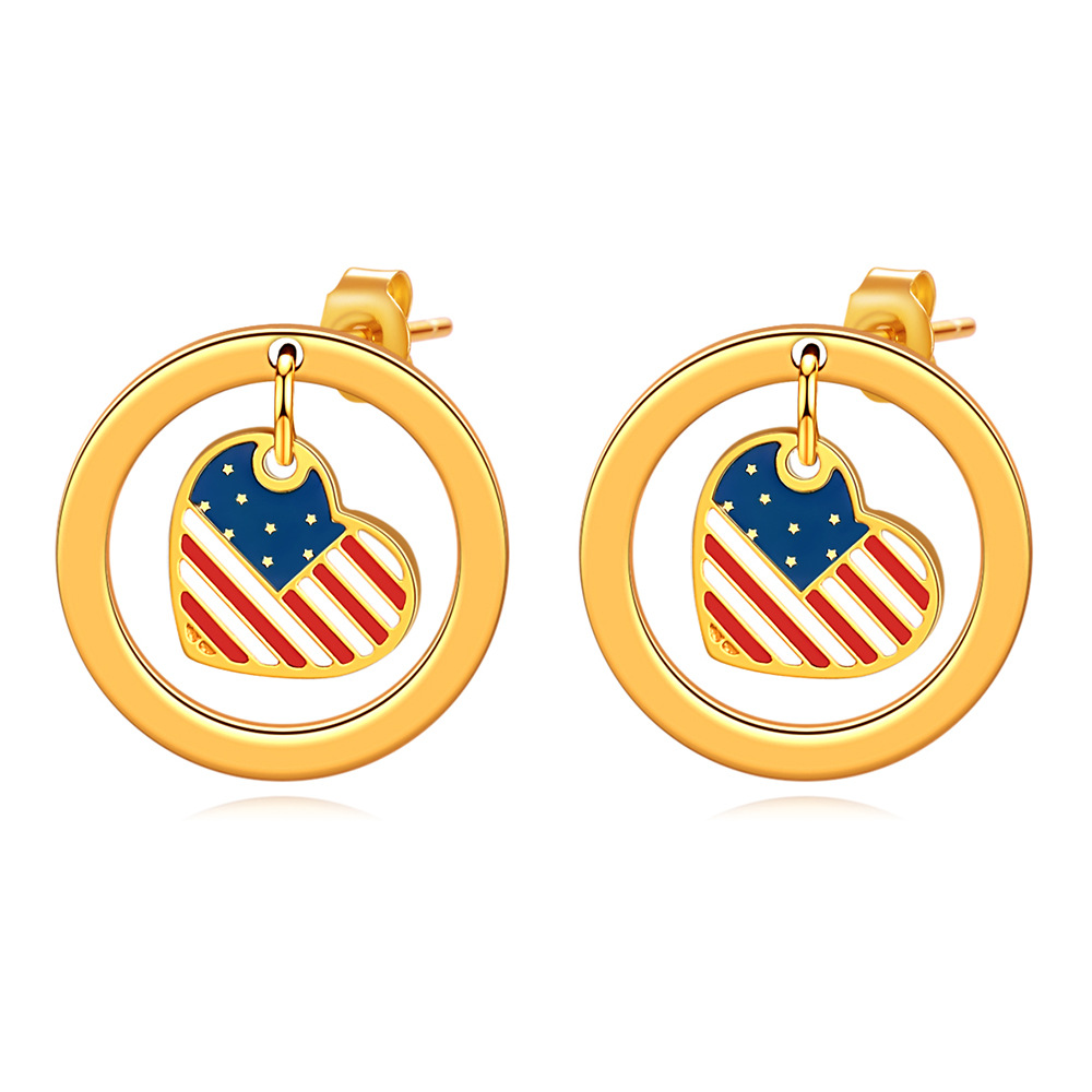 Wholesale Independence Day 12mm Round Cut Out Heart Flag Three-Color Oil op Earrings