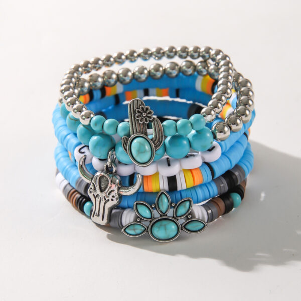 Wholesale Bullhead Cactus Bohemian Multi Layer Turquoise Elastic Bracelet Set