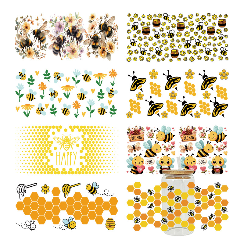 Wholesale Yellow Cartoon Busy Bee 16oz C UV DTF Wraps