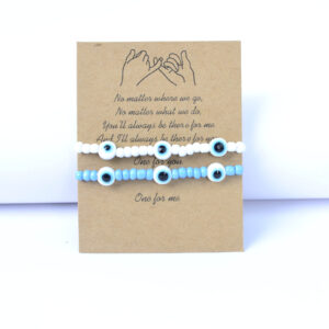 Wholesale Eye Bracelet Women's Blue and White Rice Beads 2 Elastic Adjustable Couple Paper Card Bracelet Set