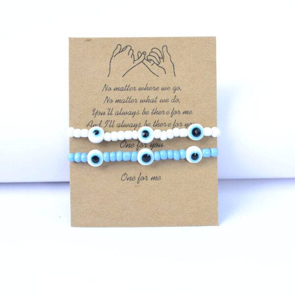 Wholesale Eye Bracelet Women's Blue and White Rice Beads 2 Elastic Adjustable Couple Paper Card Bracelet Set