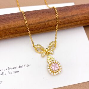 Xl41 bow square necklace gold pink