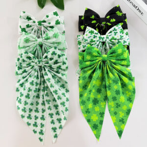 Wholesale Green clover bow, long ribbon, St. Patrick's Day hair clip