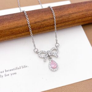 Xl44 bow water drop necklace silver pink