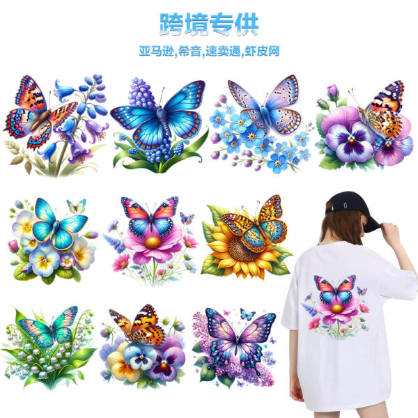 Wholesale Cross-Border Floral Clothing Butterfly Heat Transfer Printing Stickers Custom Offset Heat Transfer Printing In-Stock Wholesale White Ink Heat Transfer Printing