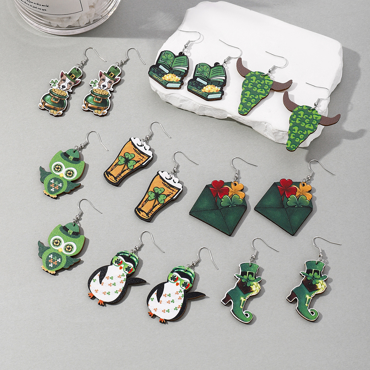 Wholesale St. Patrick's Day animal lucky grass rainbow wooden earrings