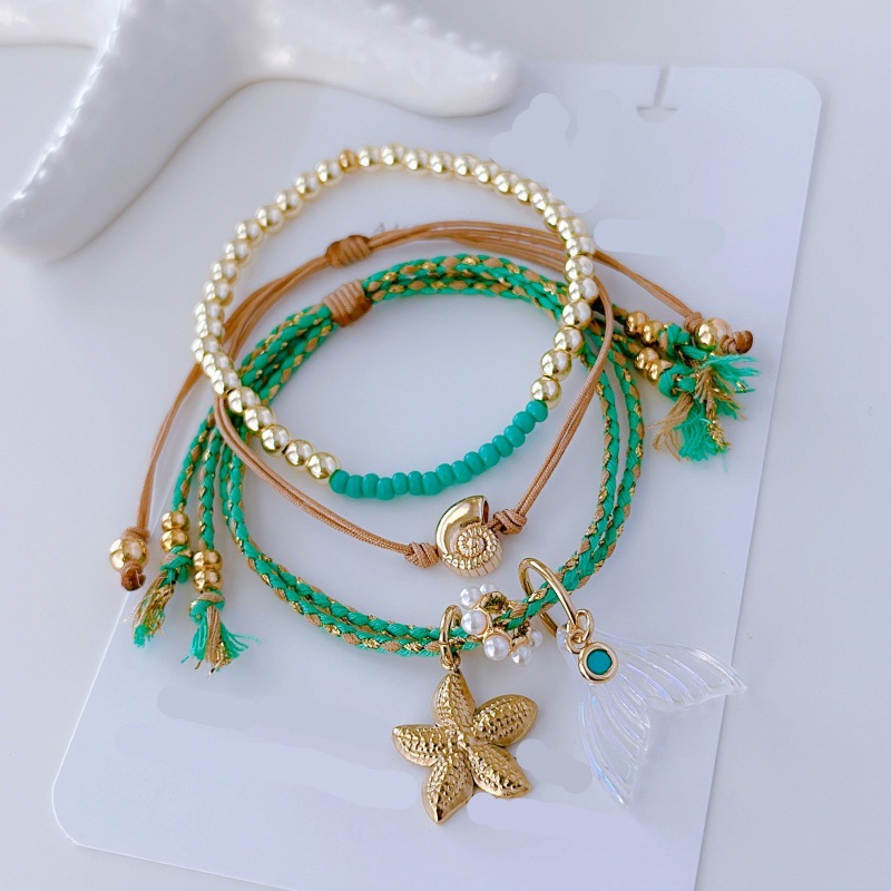 Wholesale Shell Crystal Green Beads Multi-layer Stacked Wear Bracelet Stainless Steel Bracelets