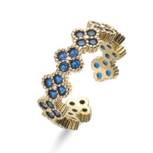 Golden blue diamond four leaf clover ring