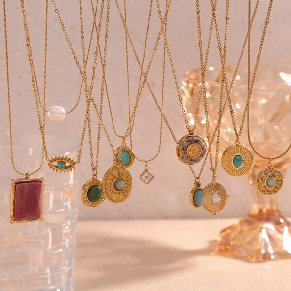 Wholesale Stainless steel necklace with 18K gold plated natural stone eyes and seashells