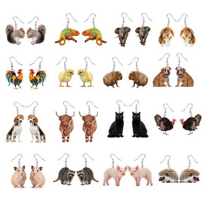 Wholesale Cock Cow Hamster Piglet Chick Hedgehog Squirrel Rabbit Cat Ppy Chameleon Animal Earrings