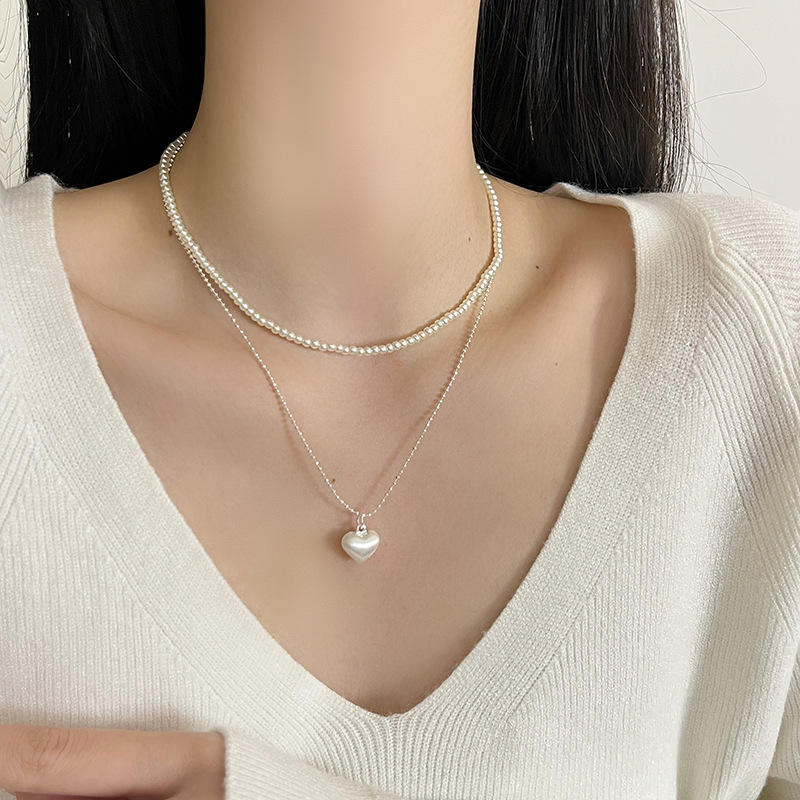Wholesale Japanese and Korean Sier Brushed Heart Design Necklace Women's
