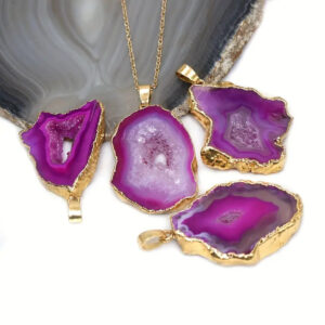 Wholesale Natural stone agate sliced gilded pendant necklace