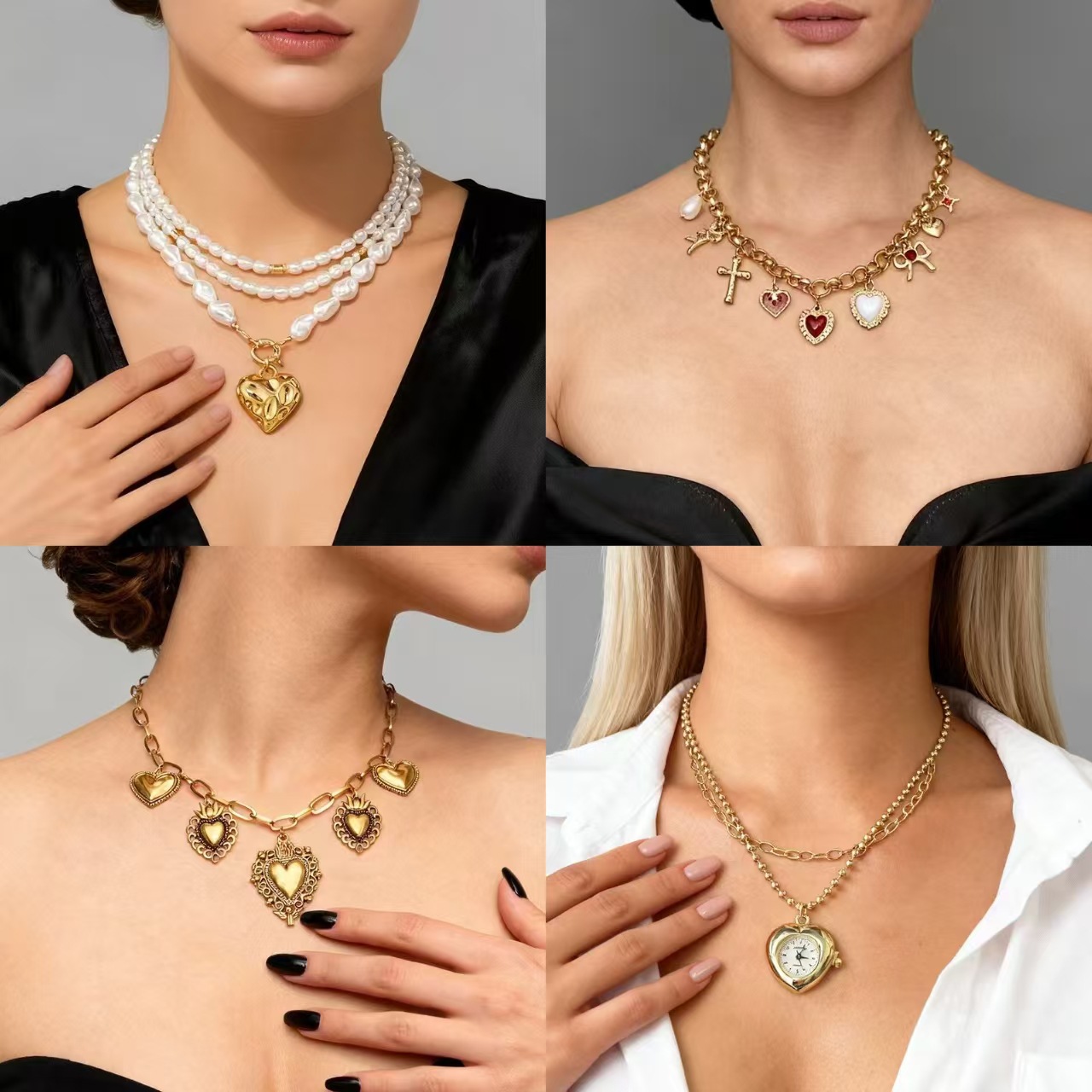 Wholesale Heart shaped Sweet Pearl Cross Clock Necklace