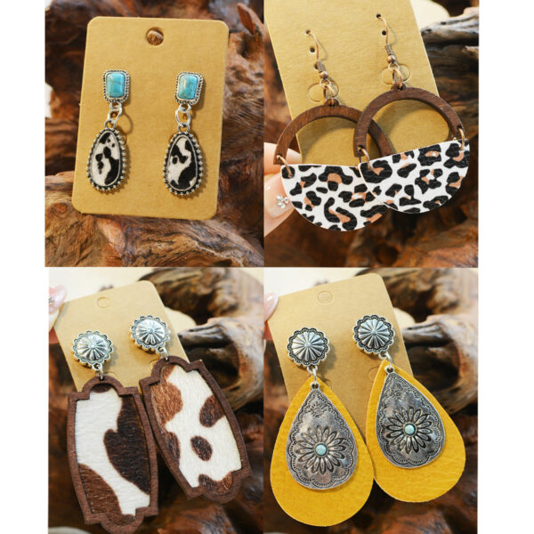 Wholesale Turquoise Inlaid Western Cowboy Earrings Plush Cow Semi-Circle Cut Out Leopard