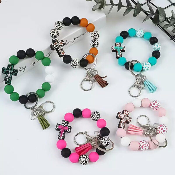 Wholesale Cross Silicone Leopard Beaded Wrist Keychain Bag Austrian Pendant