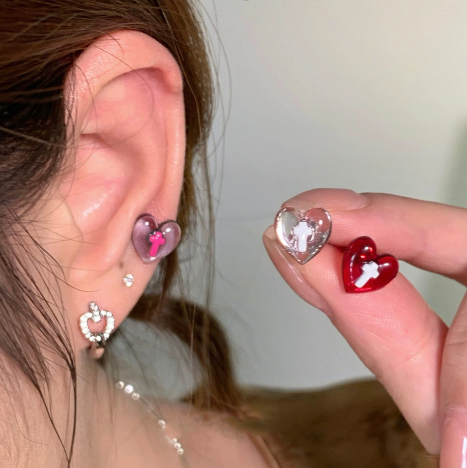 Wholesale Dark cross anti-allergic heart stud earrings