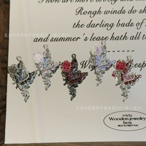 Wholesale 10pcs zircon butterfly gold pink rose relief hanging hole beads