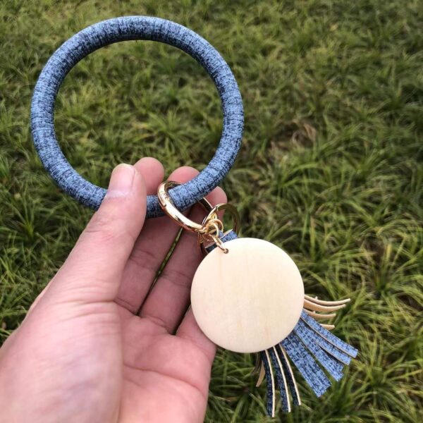 Wholesale Punk denim leather wristband tassel wooden pendant Wristlet Keychain