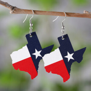 Wholesale Cross Border US Independence Day Red White Blue Stars Texas Map State Flag Pendant Wooden Double Sided Earrings