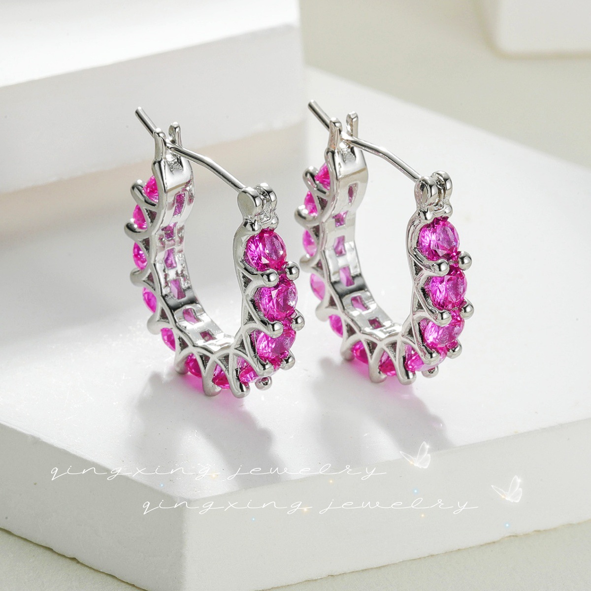 Wholesale Pave Red Corundum Zircon Lace U Shaped Hoop Earrings