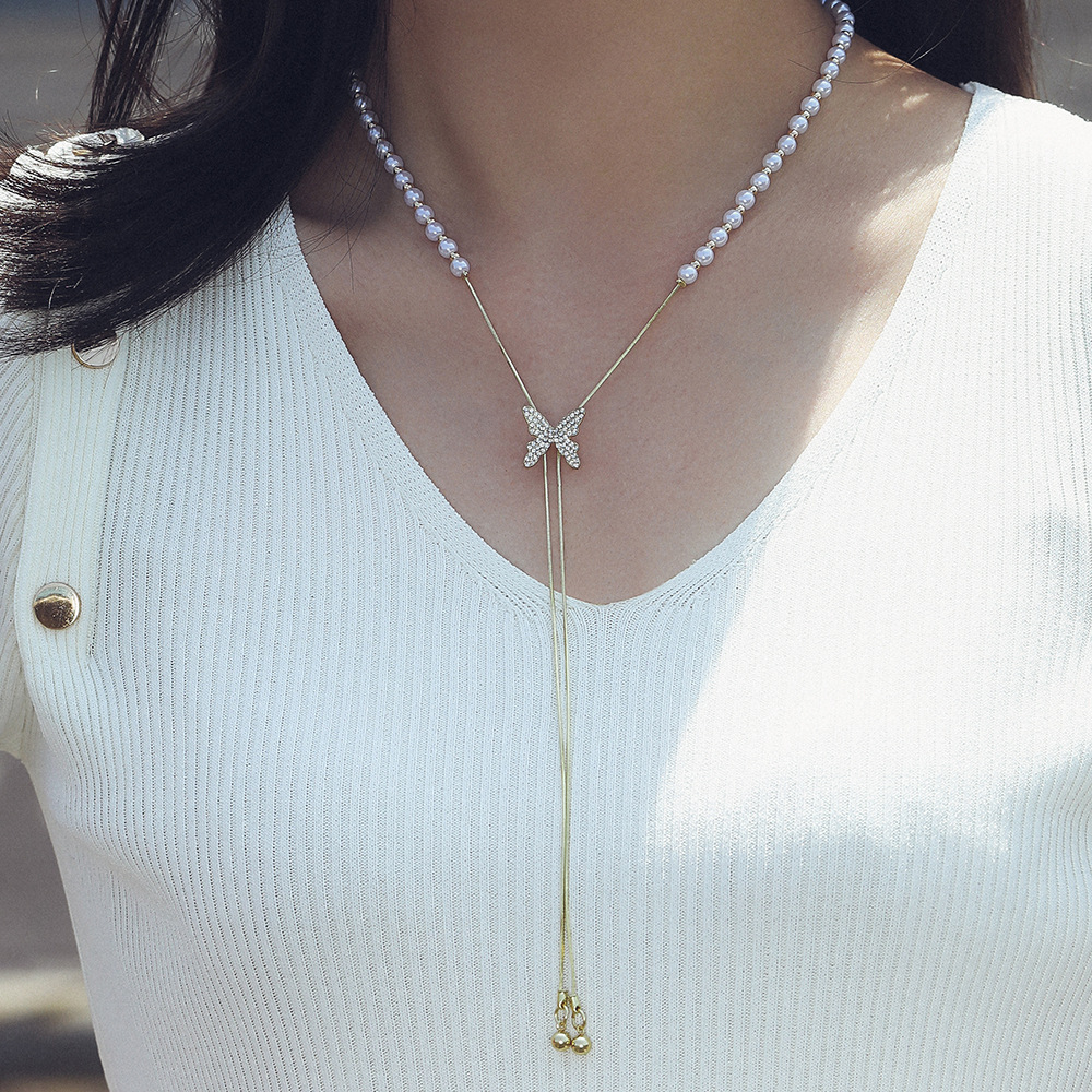 Wholesale Alloy Pearl Butterfly Tassel Pendant Necklace