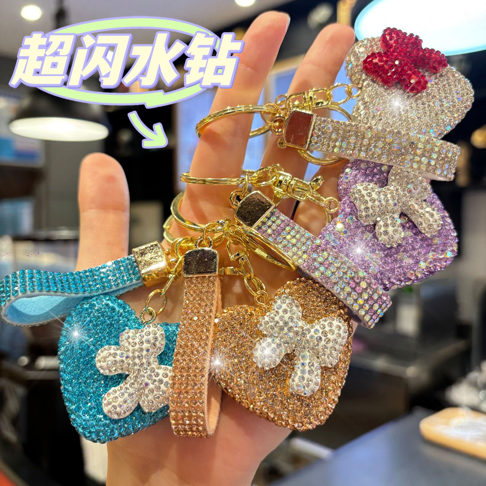 Wholesale Full rhinestone heart-studded bow keychain