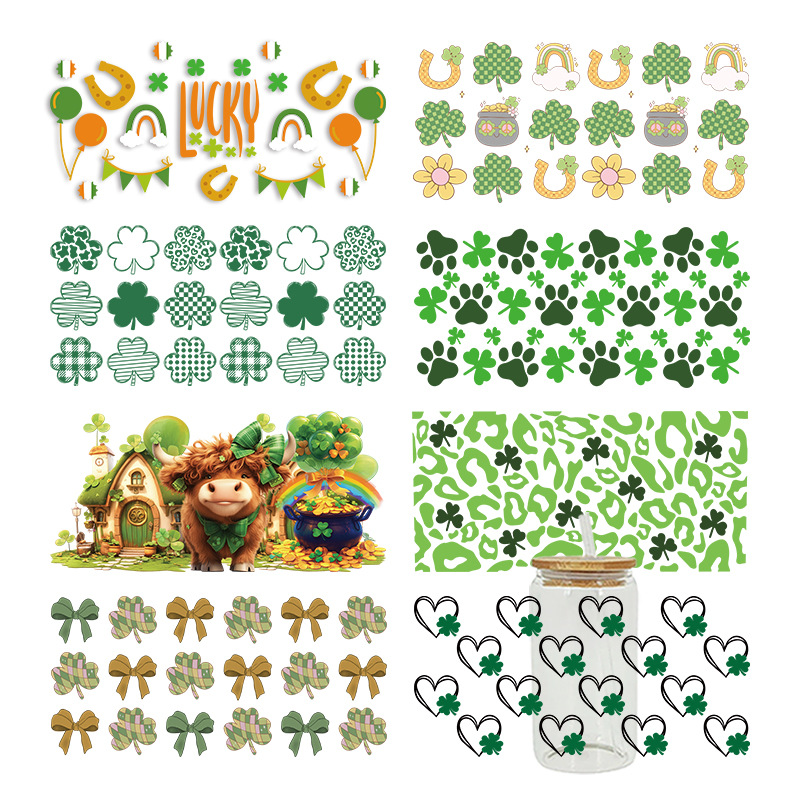 Wholesale Colorful Cartoon Lucky Clover 16oz C UV DTF Wraps