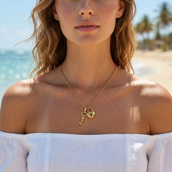 Wholesale Stainless Steel Heart Key Water Wave Chain 18K Gold Electroplated Titanium Steel Necklace for Women