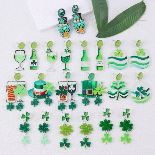 Wholesale St. Patrick's Green AB Beer Acrylic Clover Earrings