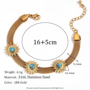 Blue Turquoise sunflower woven mesh chain bracelet-Gold