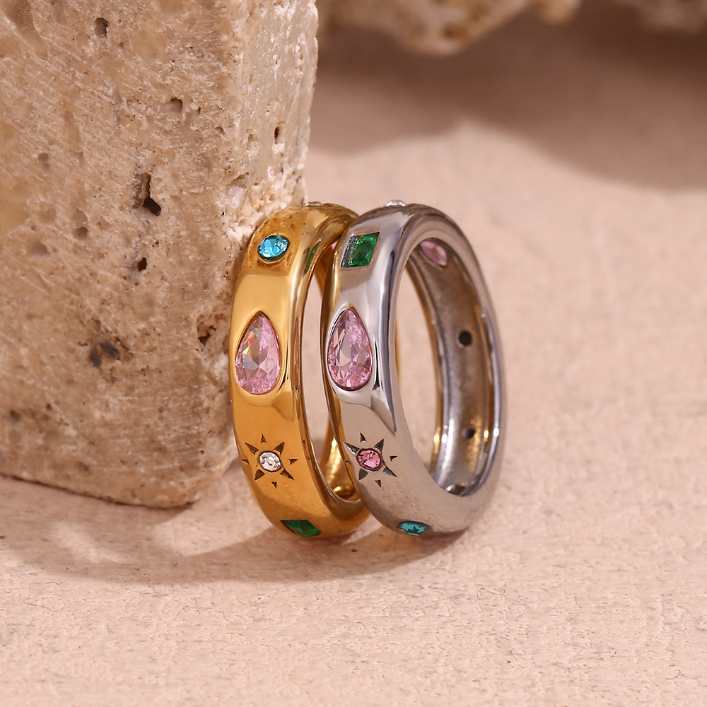 Wholesale Gold rectangular water oplet geometric colored zircon ring