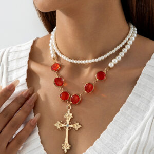 Wholesale Elliptical Red Diamond Cross Pearl Necklace