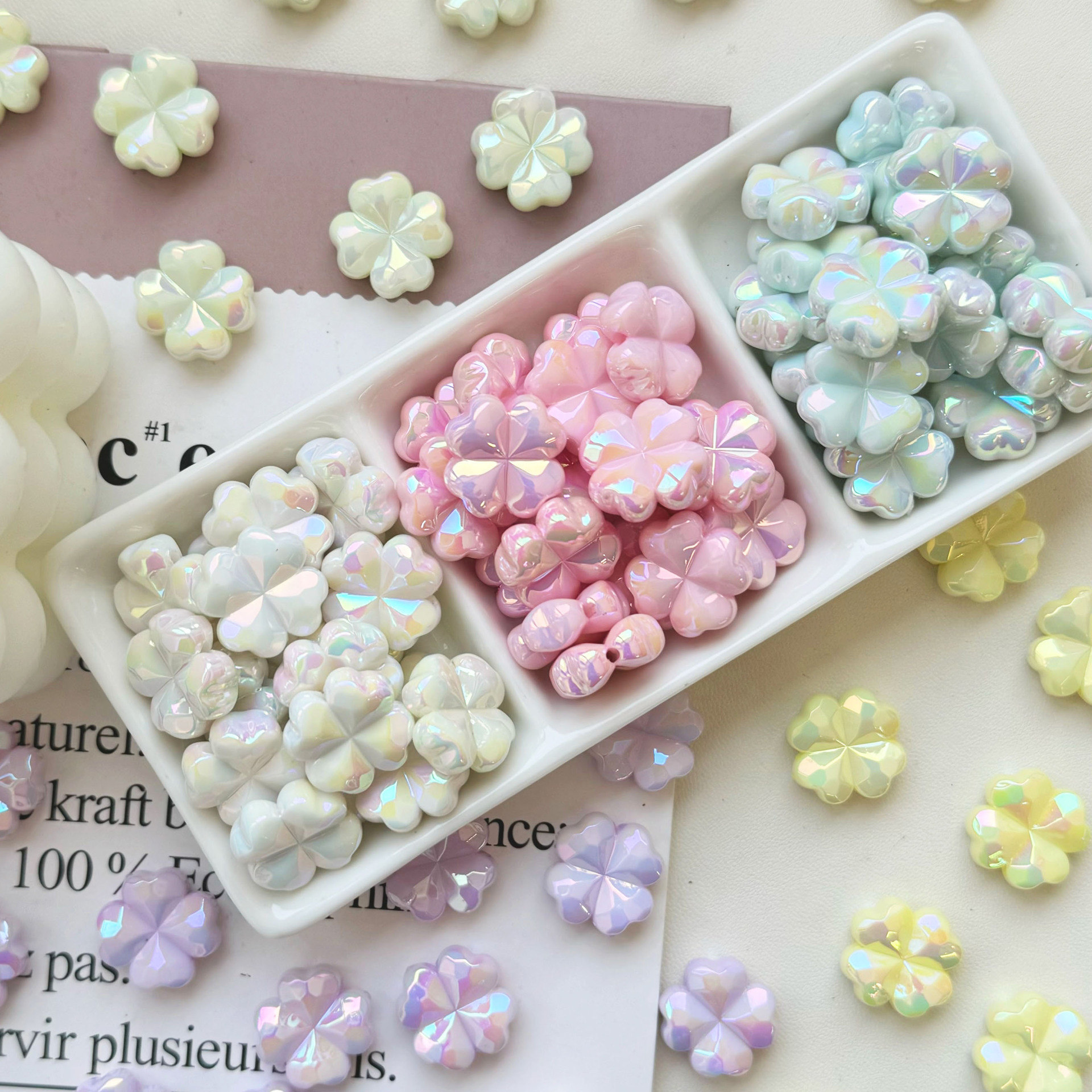 Wholesale UV Macaron Four Leaf Flower Acrylic Beads