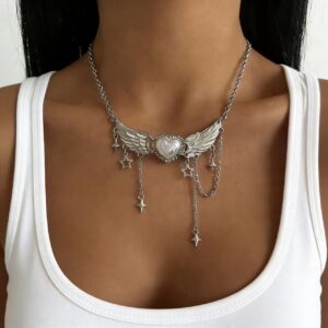 Silver Heart Wings Star Necklace - X6357