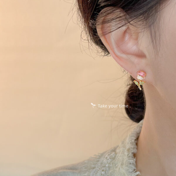 Wholesale Enamel drip glazed micro inlaid zircon rose silver needle earrings