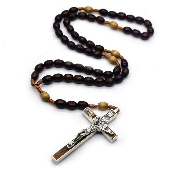 Wholesale Dark Brown Rice-Shaped Rosary Cross Necklace