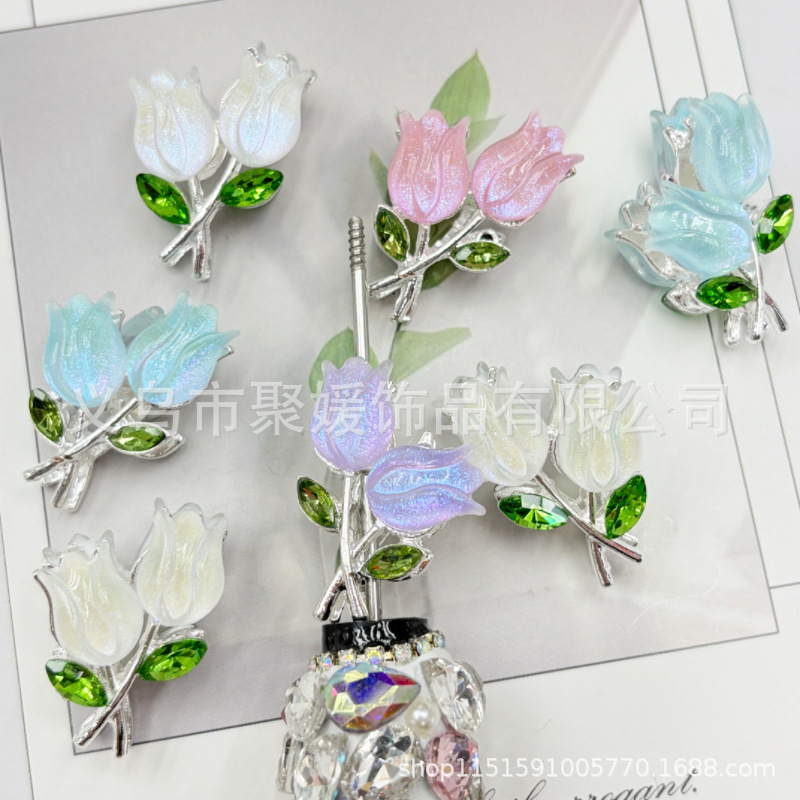 Wholesale double-sided tulip flower color plated diamond four hole beads