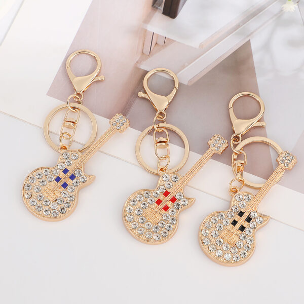Wholesale Retro guitar with rhinestone metal keychain