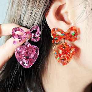 Wholesale Valentine's Day Sparkling Pink Bow Love Acrylic Earrings